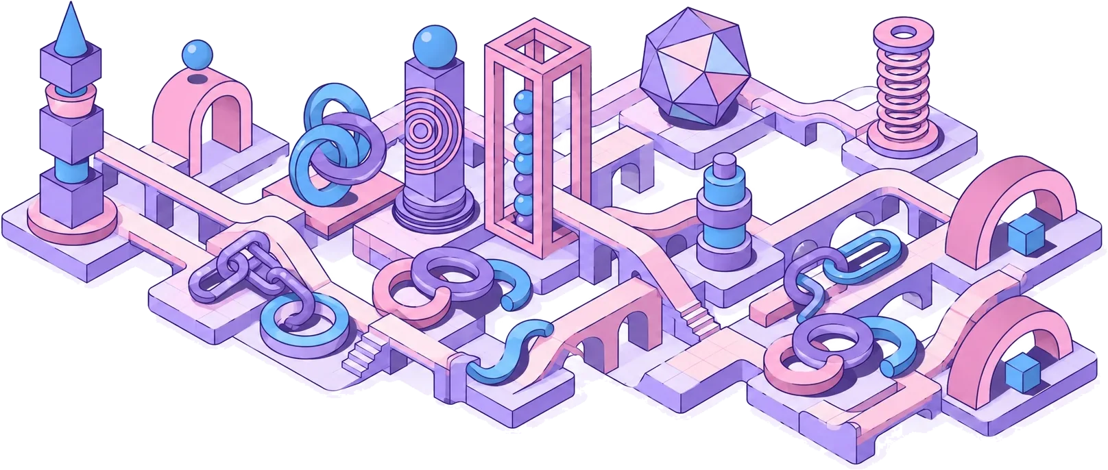 An isometric map of an operation: platforms, walkways and machines linked into one connected landscape
